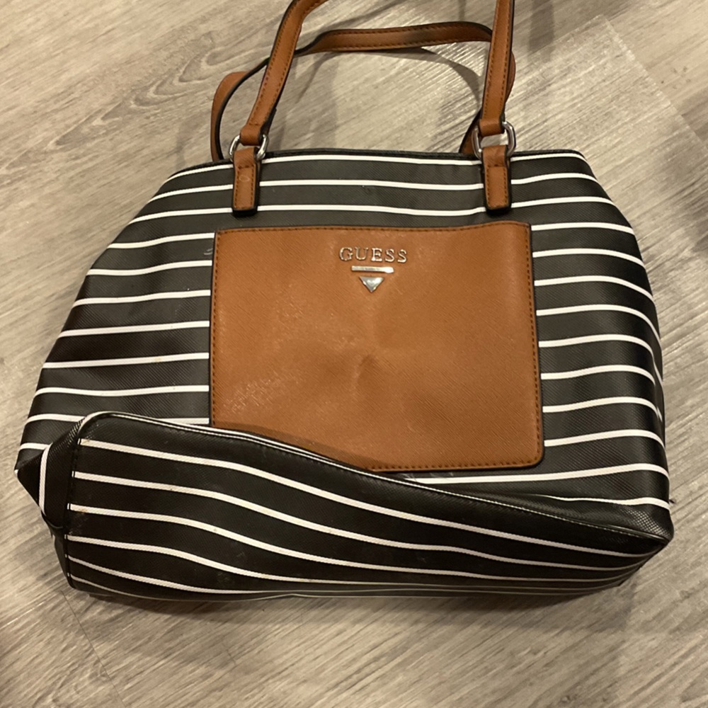 Guess Black and White Striped Bag with Brown Details